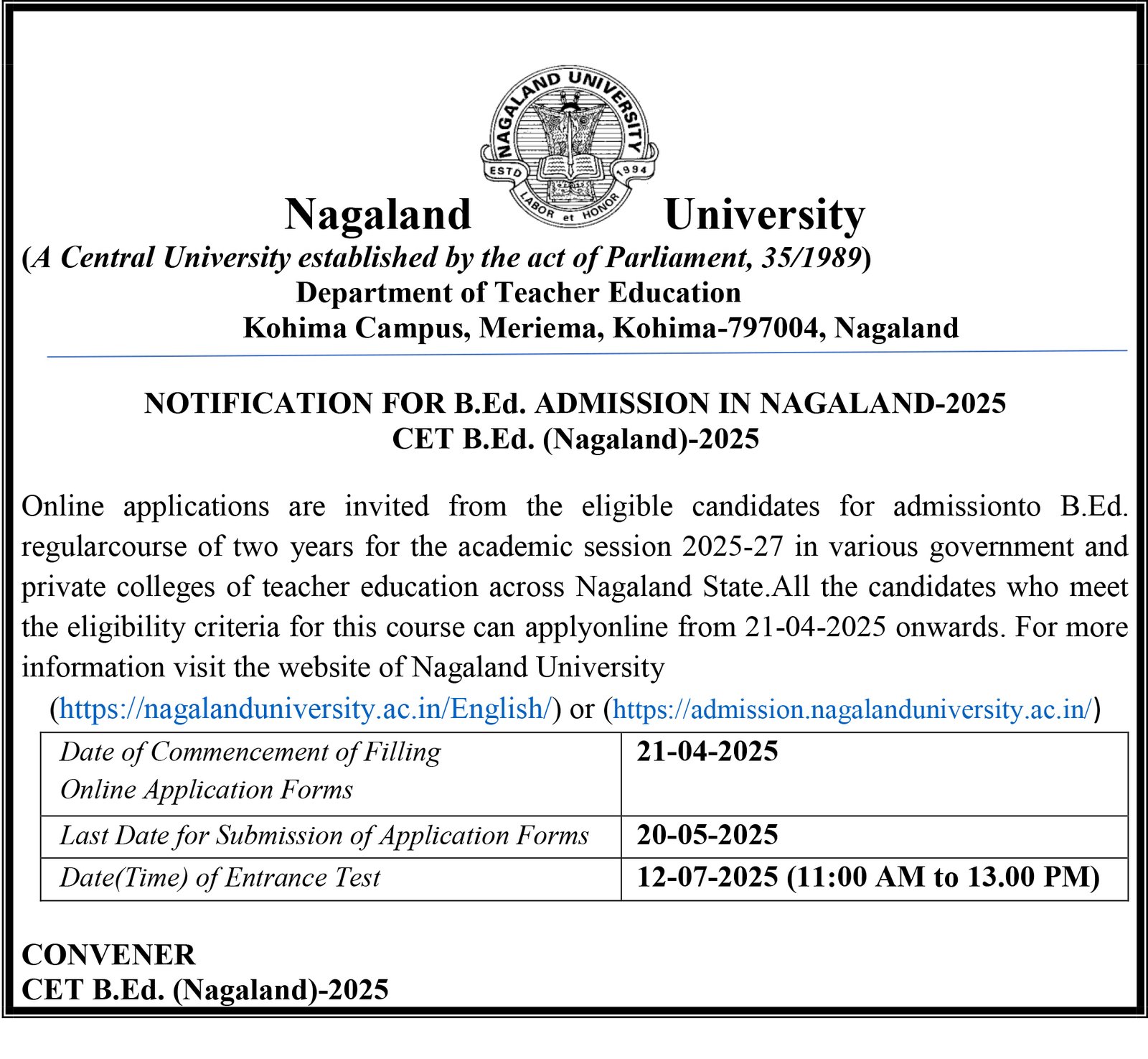 Admission Notification 2025 - Department of Teacher Education, Unity ...